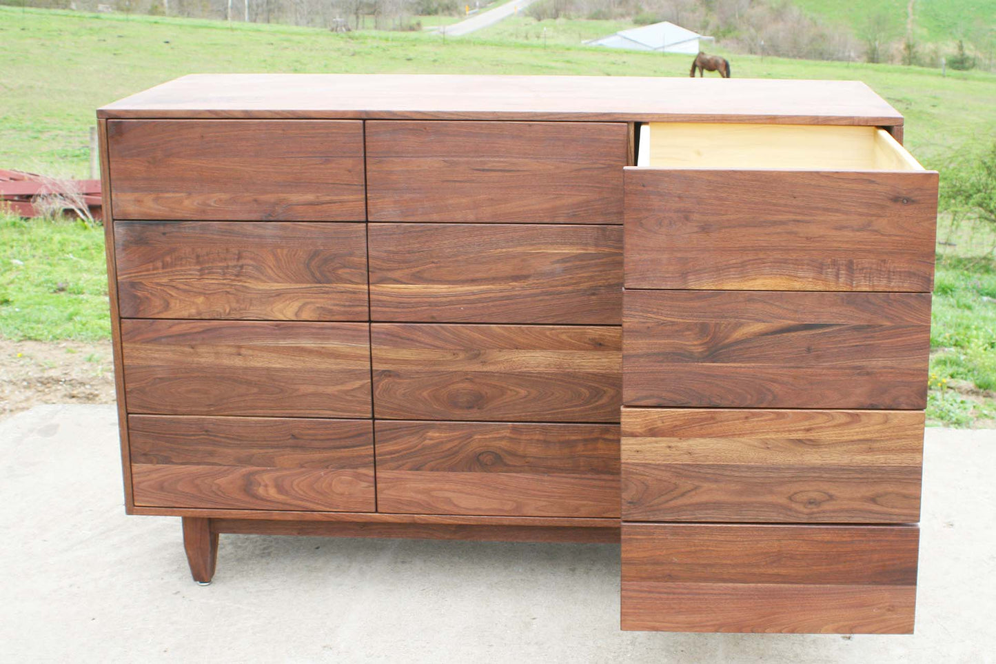 12-drawer-dresser-with-inset-drawers-and-flat-panel-sides front view right most drawers open
