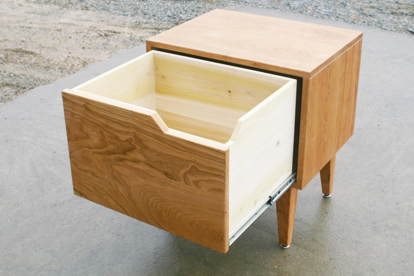 white oak small nightstand with open drawer