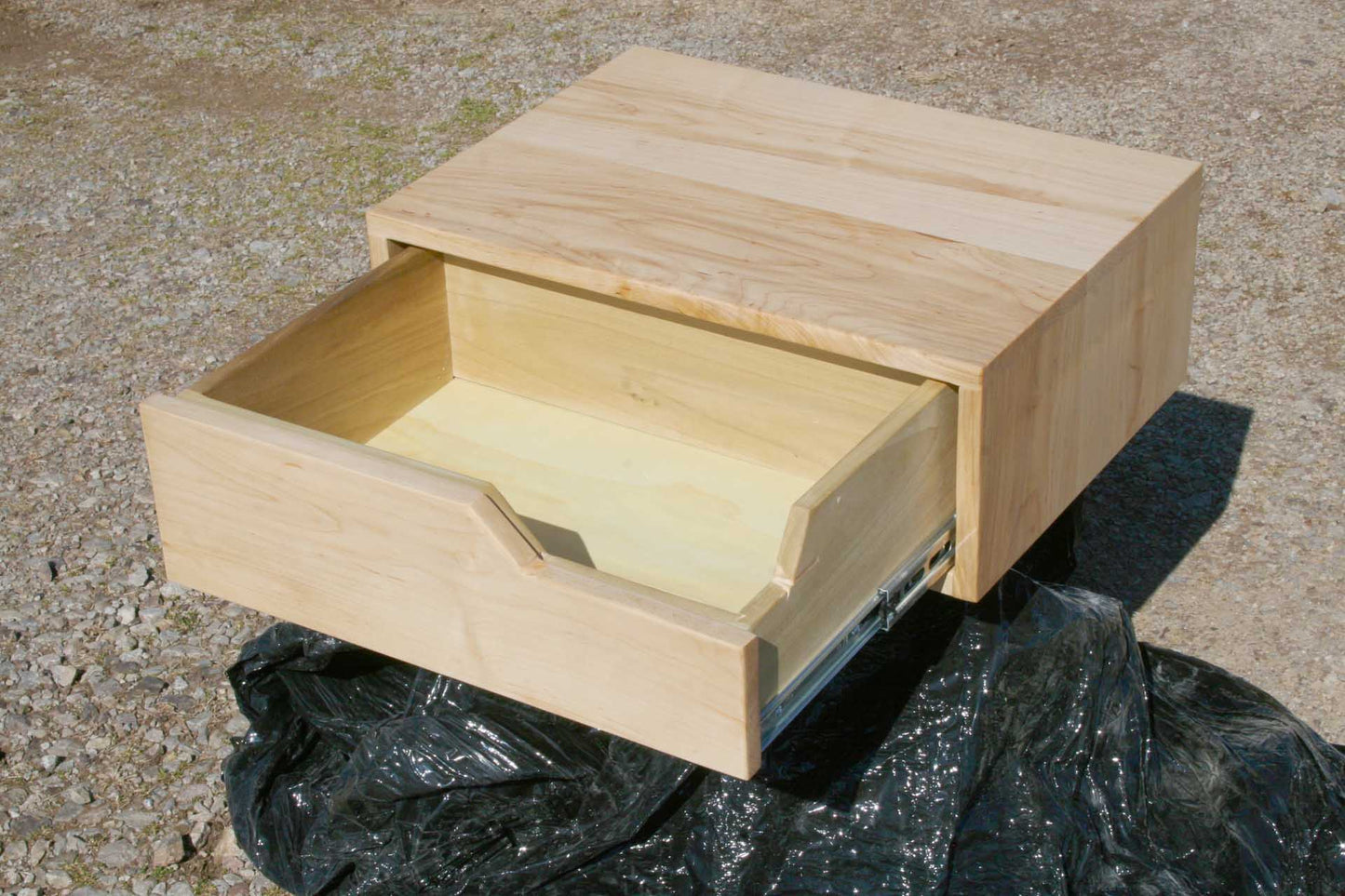 maple bedside table drawer open angled view