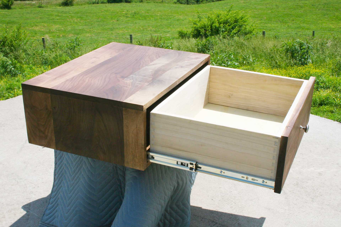 walnut nightstand side view drawer open