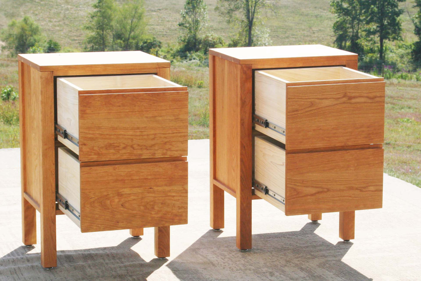 drawers open solid natural Two drawer nightstand with straight legs