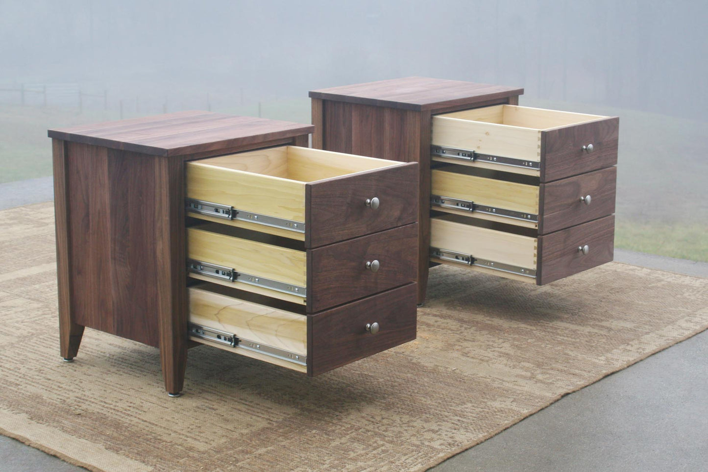 3 drawer nightstand with inset drawers angled view