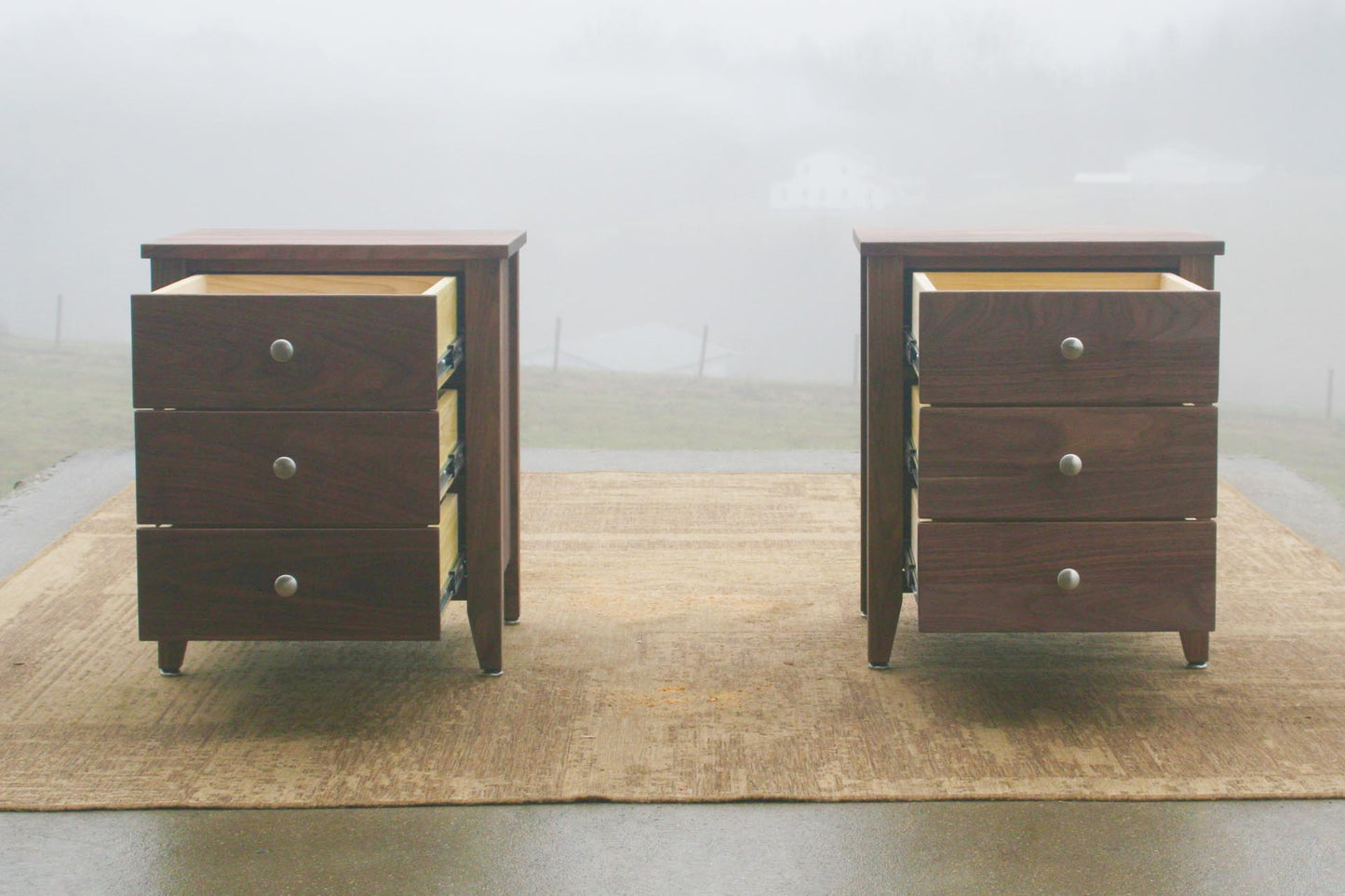 3 drawer nightstand with open inset drawers front view