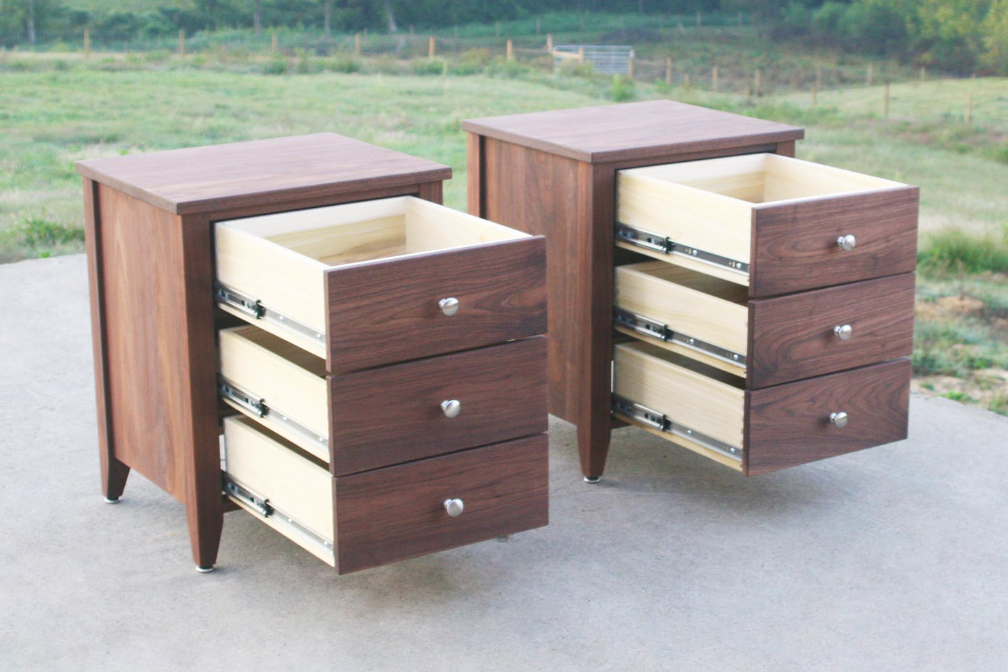 3 drawer nightstand with inset drawers open angled view