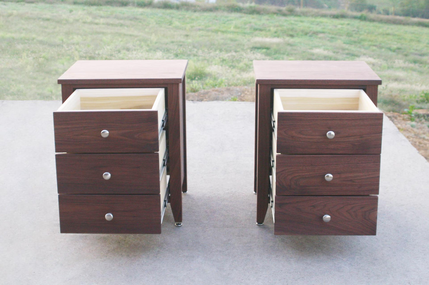 3 drawer nightstand with inset drawers open front view