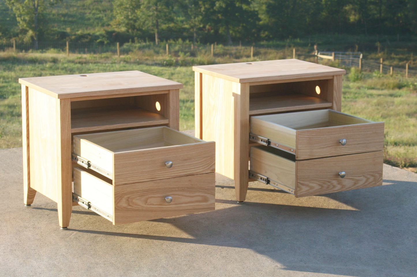 nightstand with 2 inset drawers open and 1 shelf