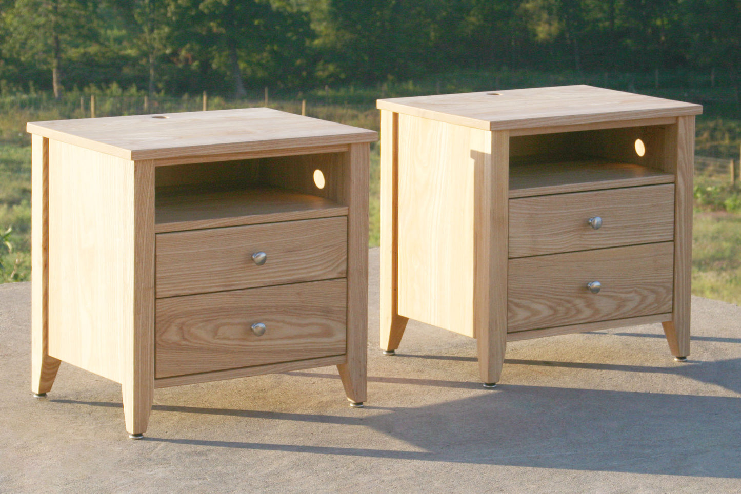 two nightstands with 2 inset drawers and 1 shelf each