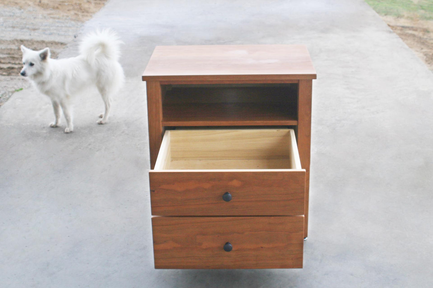 front view Nightstand with 2 open drawers and 1 shelf