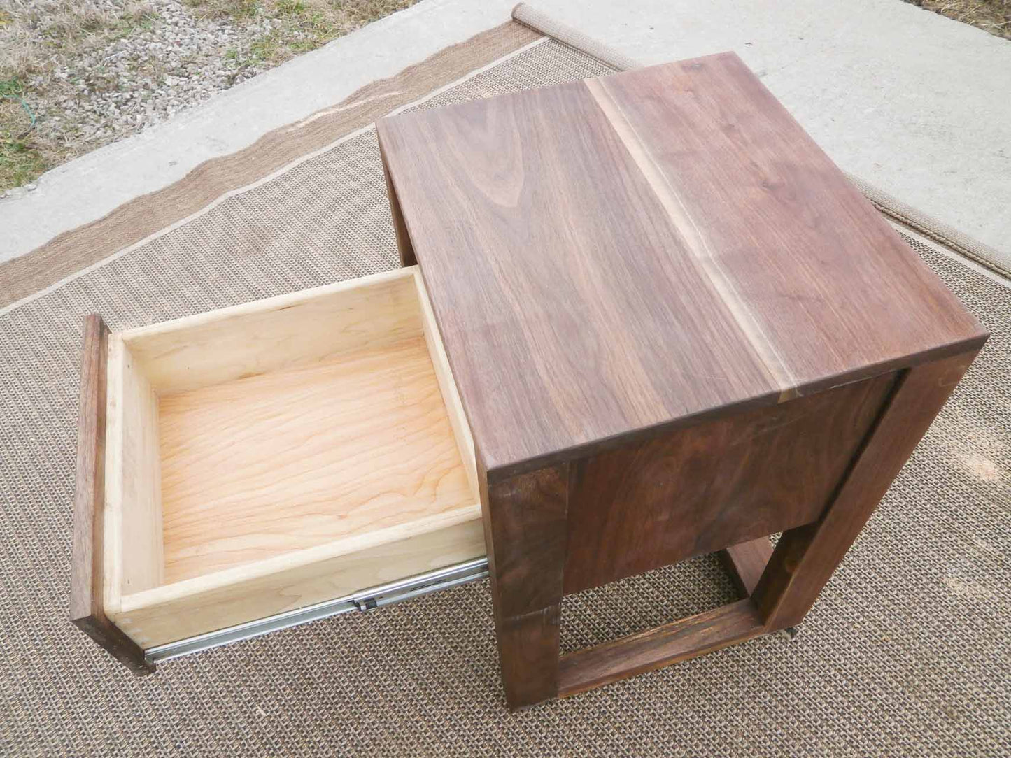 top view Bedside Table with 1 opened Inset Drawer and 1 Shelf
