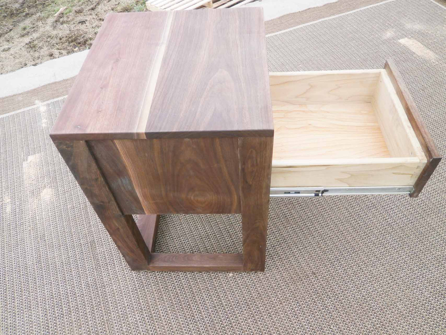 top side view Bedside Table with 1 Inset Drawer open and 1 Shelf