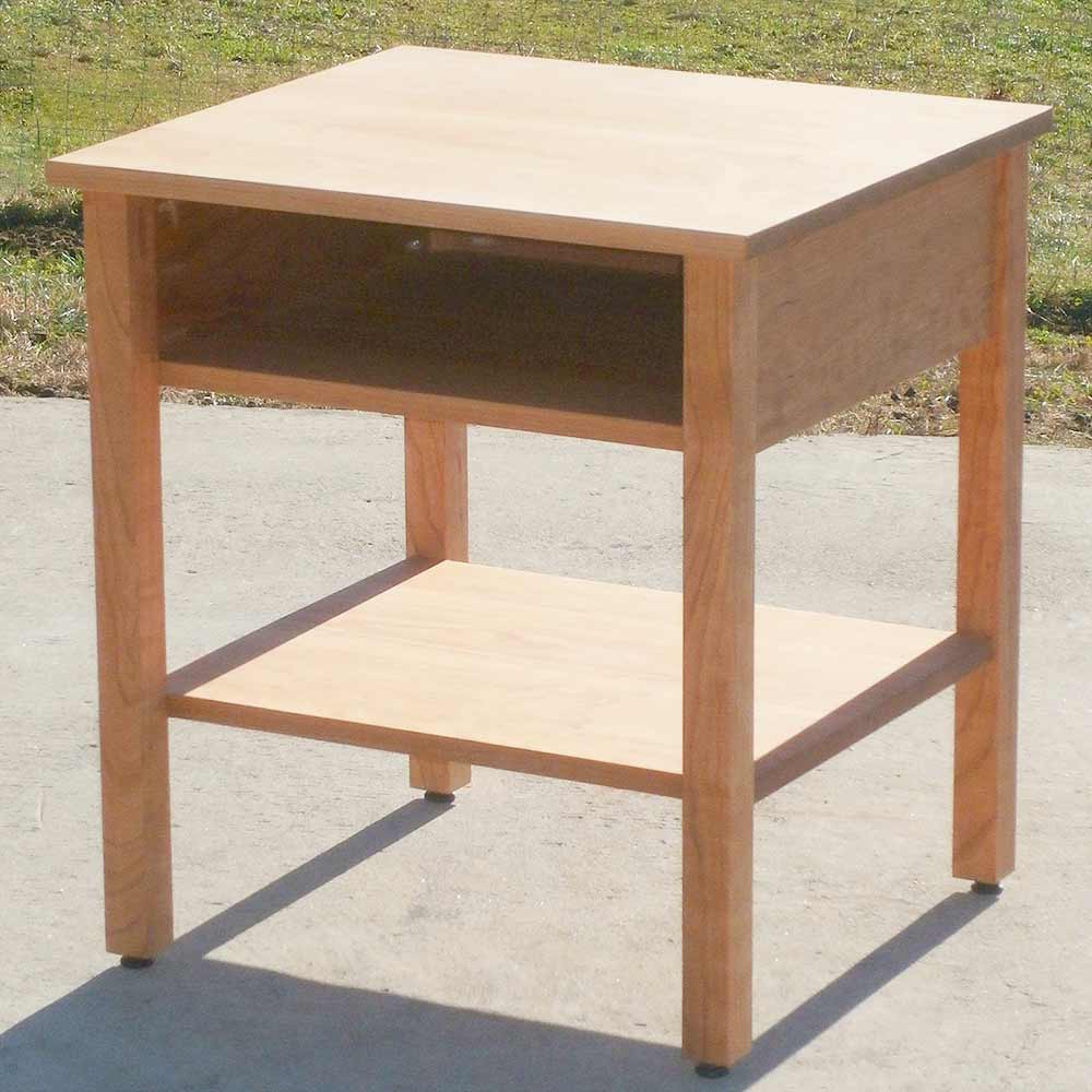 angled view hardwood nightstand with storage space