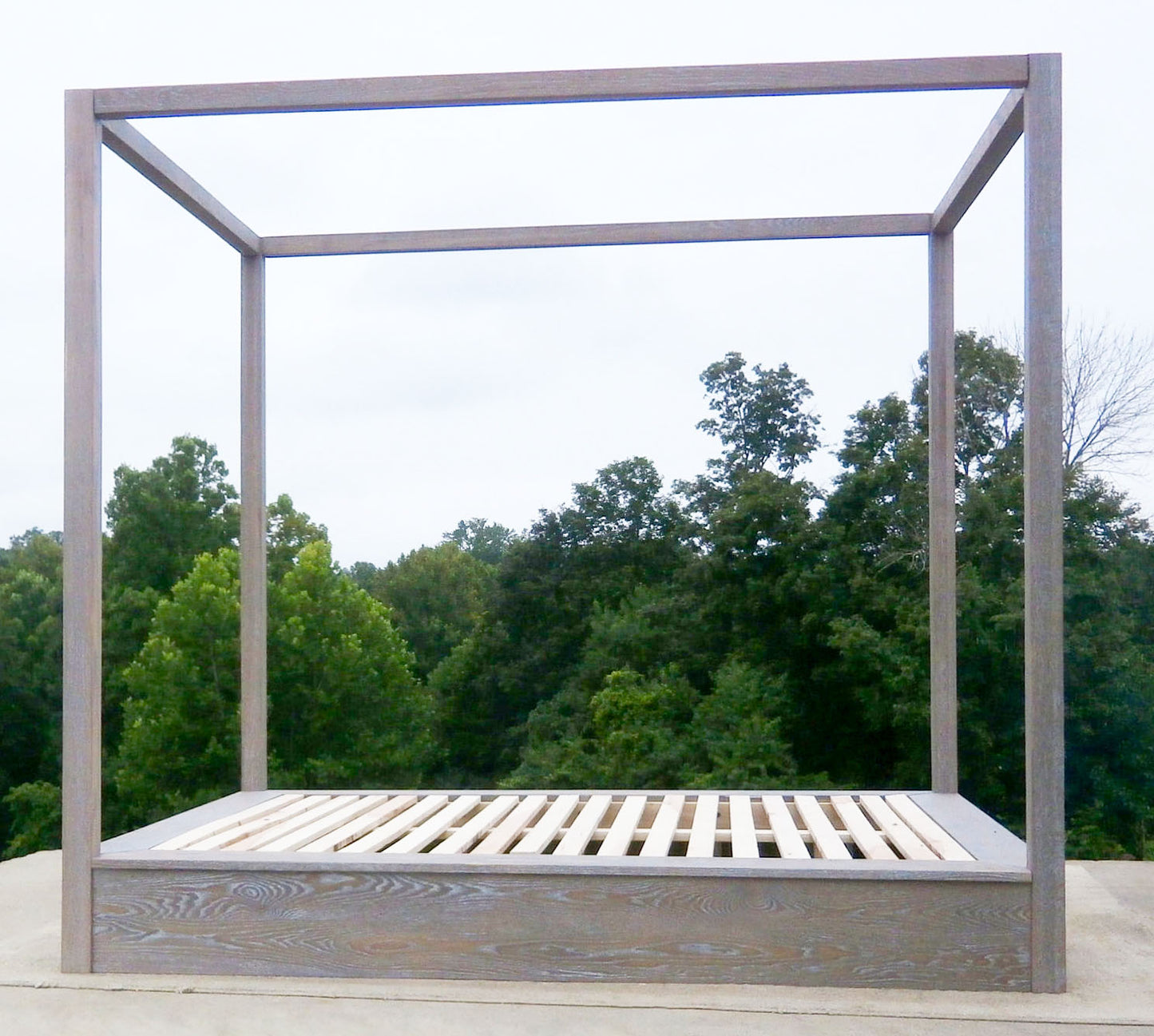 natural Modern canopy bed with wide platform and large rails side view