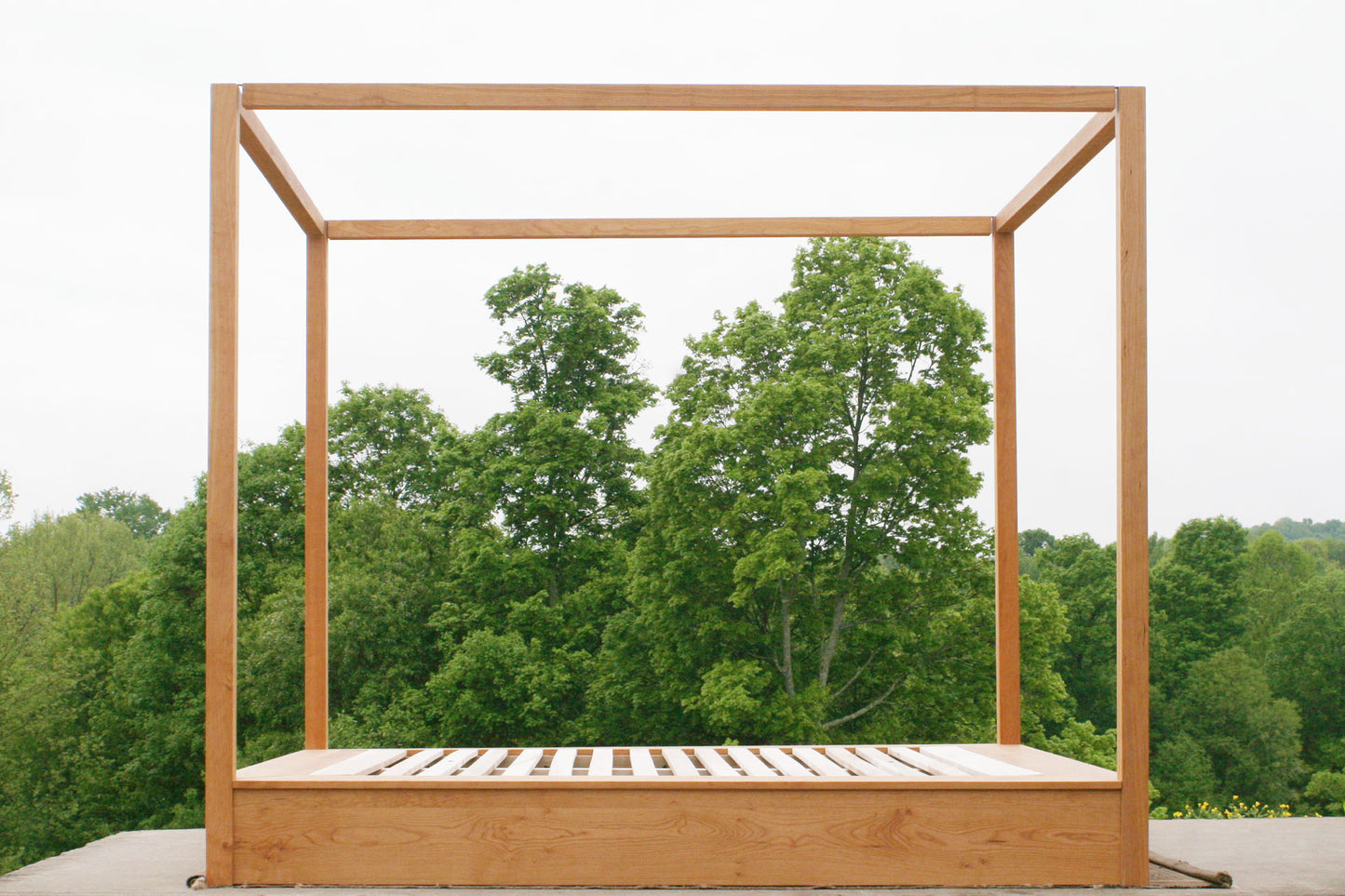 side view Modern canopy bed with wide platform and large rails
