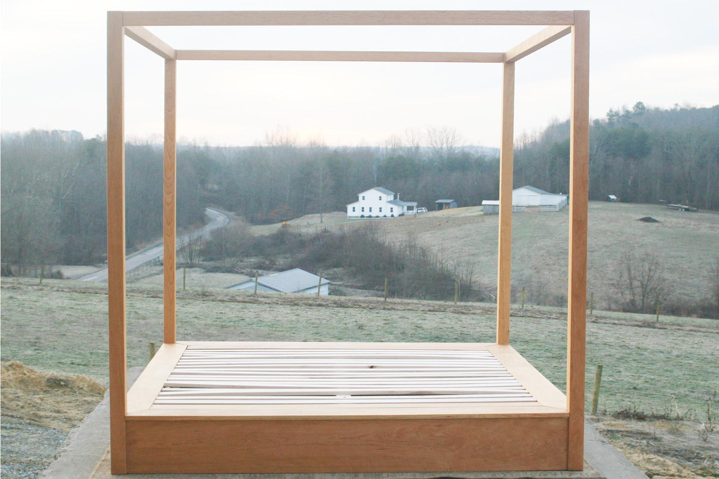 front view Modern canopy bed with wide platform and large rails