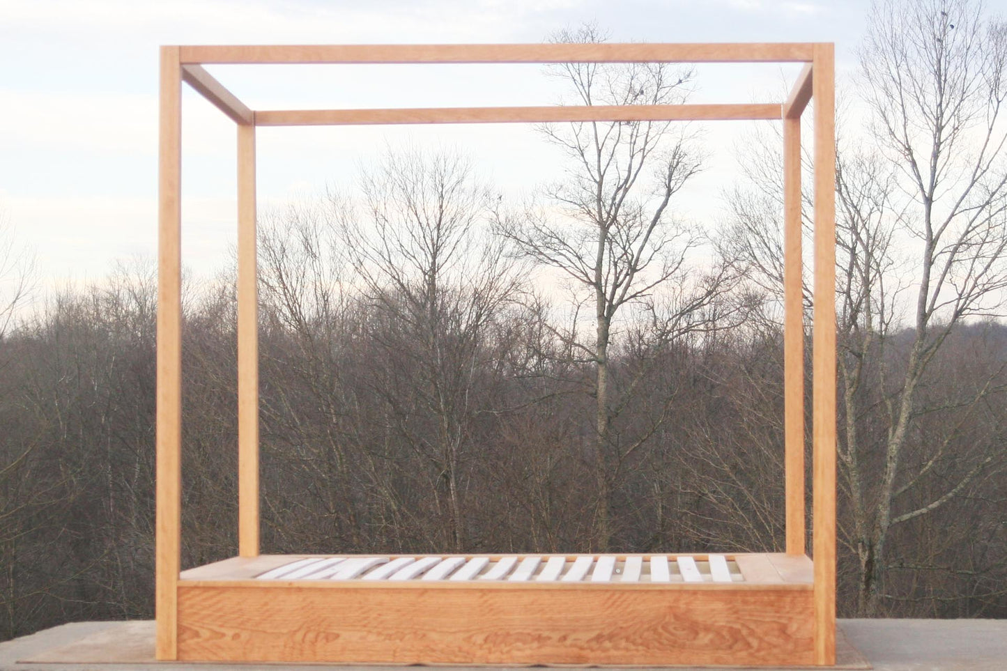 Modern canopy bed with wide platform and large rails side view