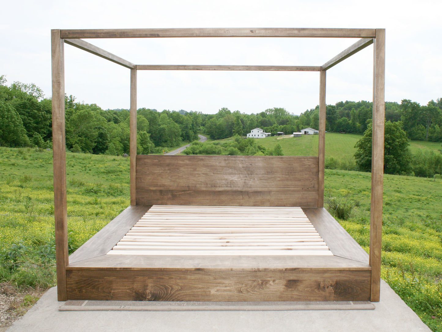 solid low canopy bed with platform extensions