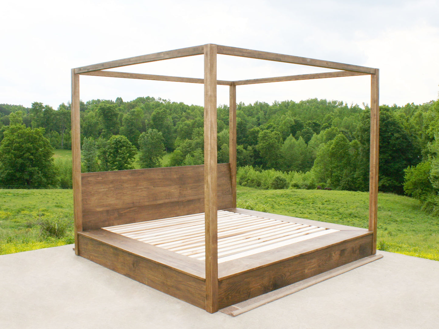 front angled view low canopy bed with platform extensions