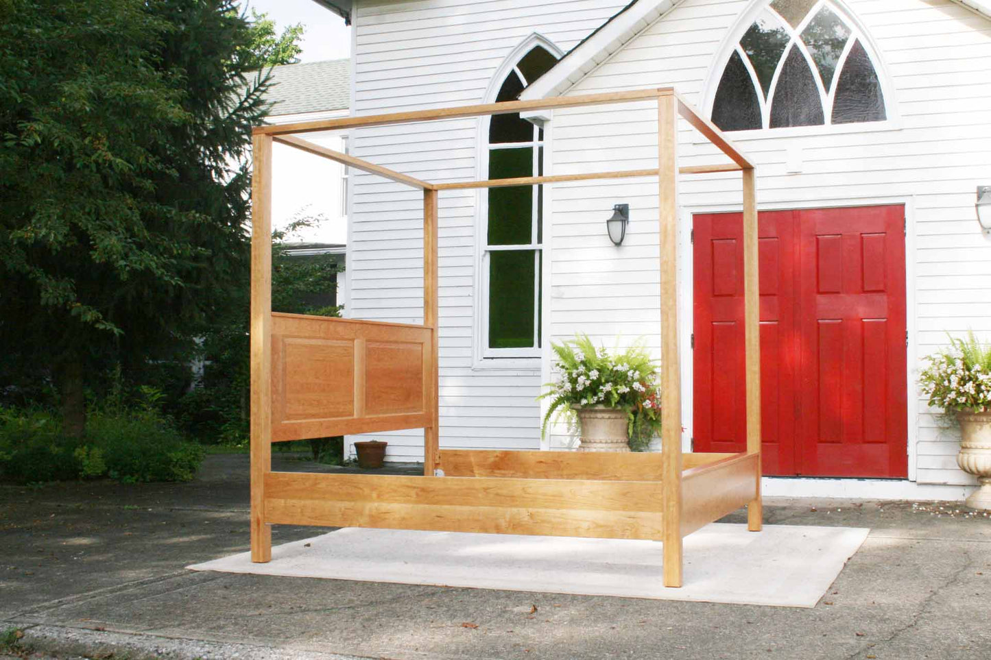 canopy bed with straight posts and paneled headboard wood natural hardwood