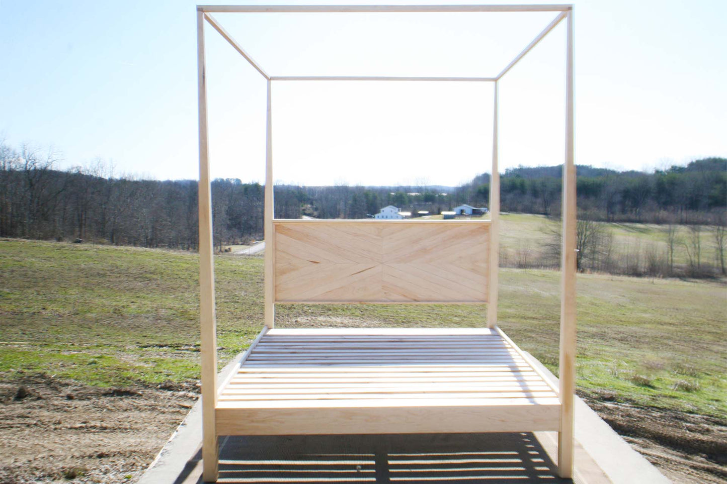 front view natural Canopy bed with tapered posts and headboard