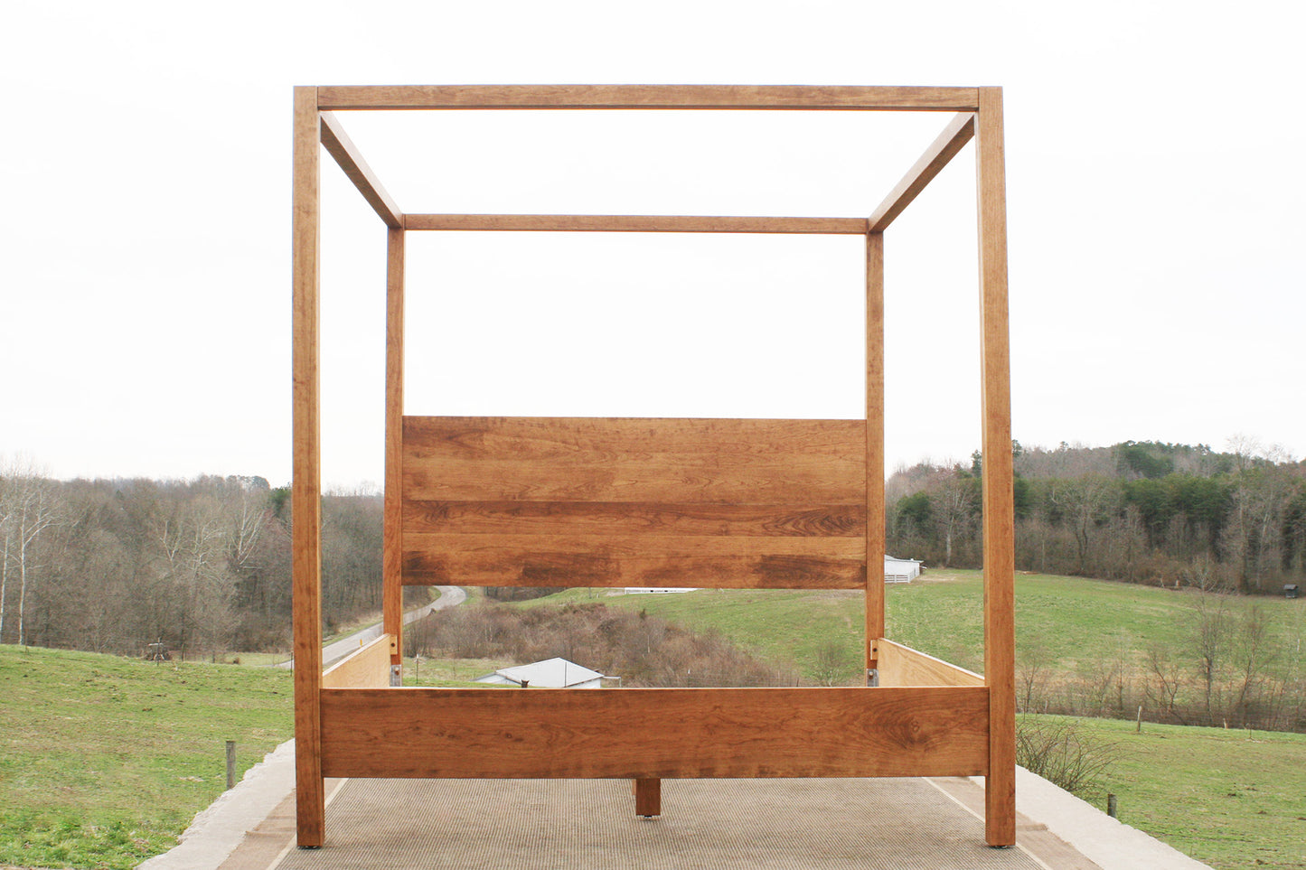 front view solid hardwood Canopy Bed with a square headboard