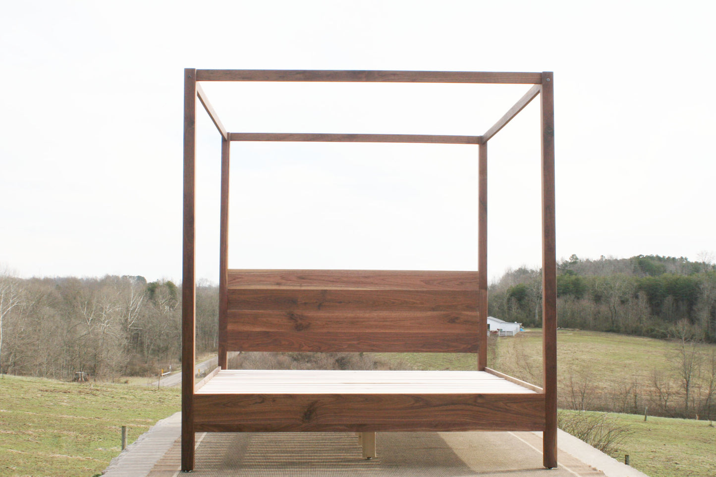 front view walnut canopy bed with square rails