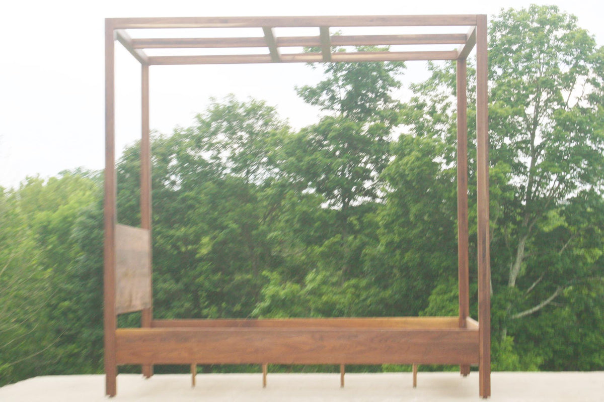 side view Hardwood Canopy Bed California King Size, Natural Walnut