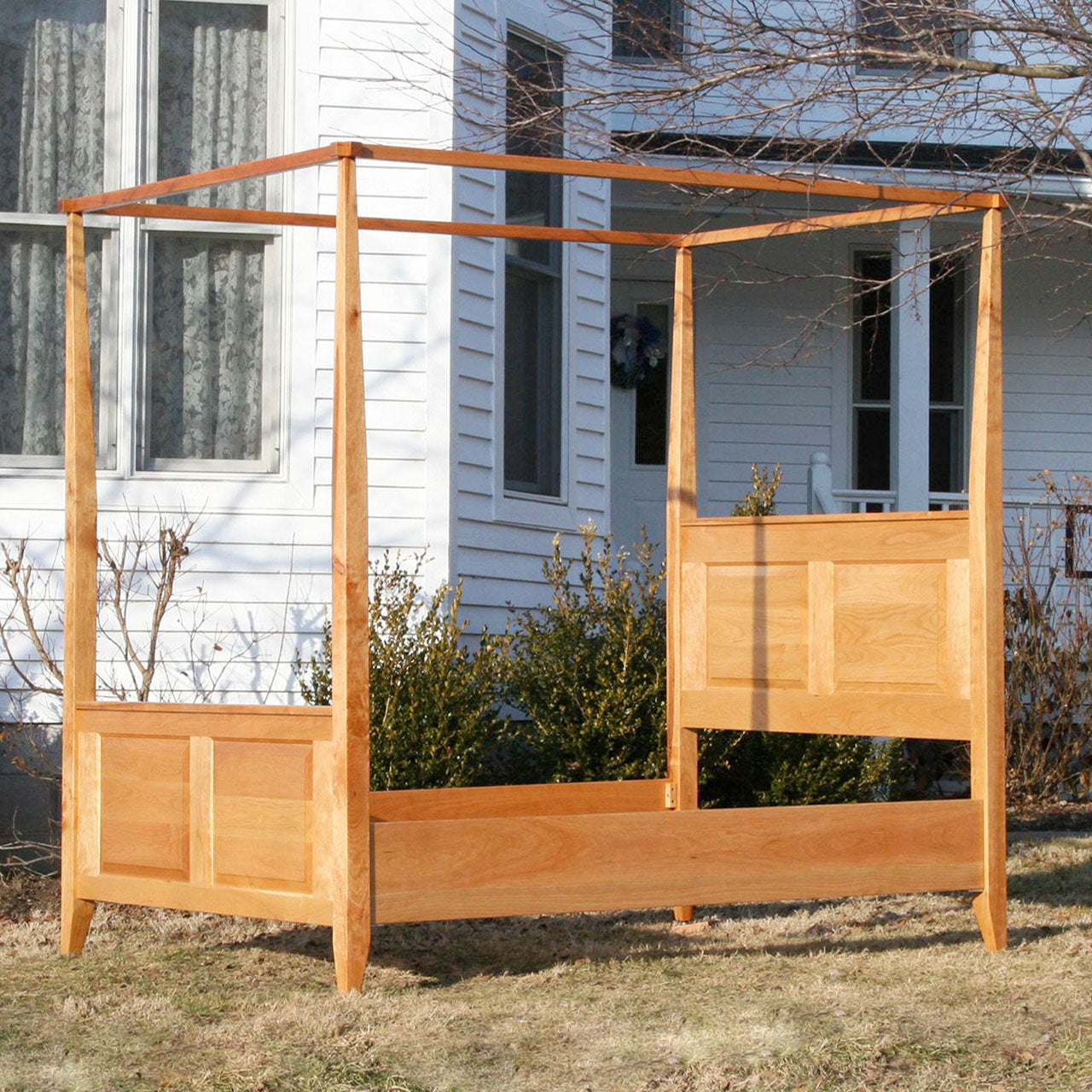 side view of solid hardwood Canopy Bed with panels and tapered posts