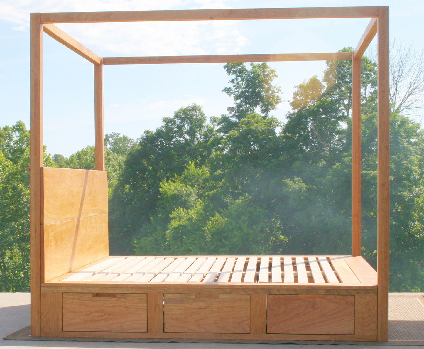 side view wood Storage canopy bed with headboard
