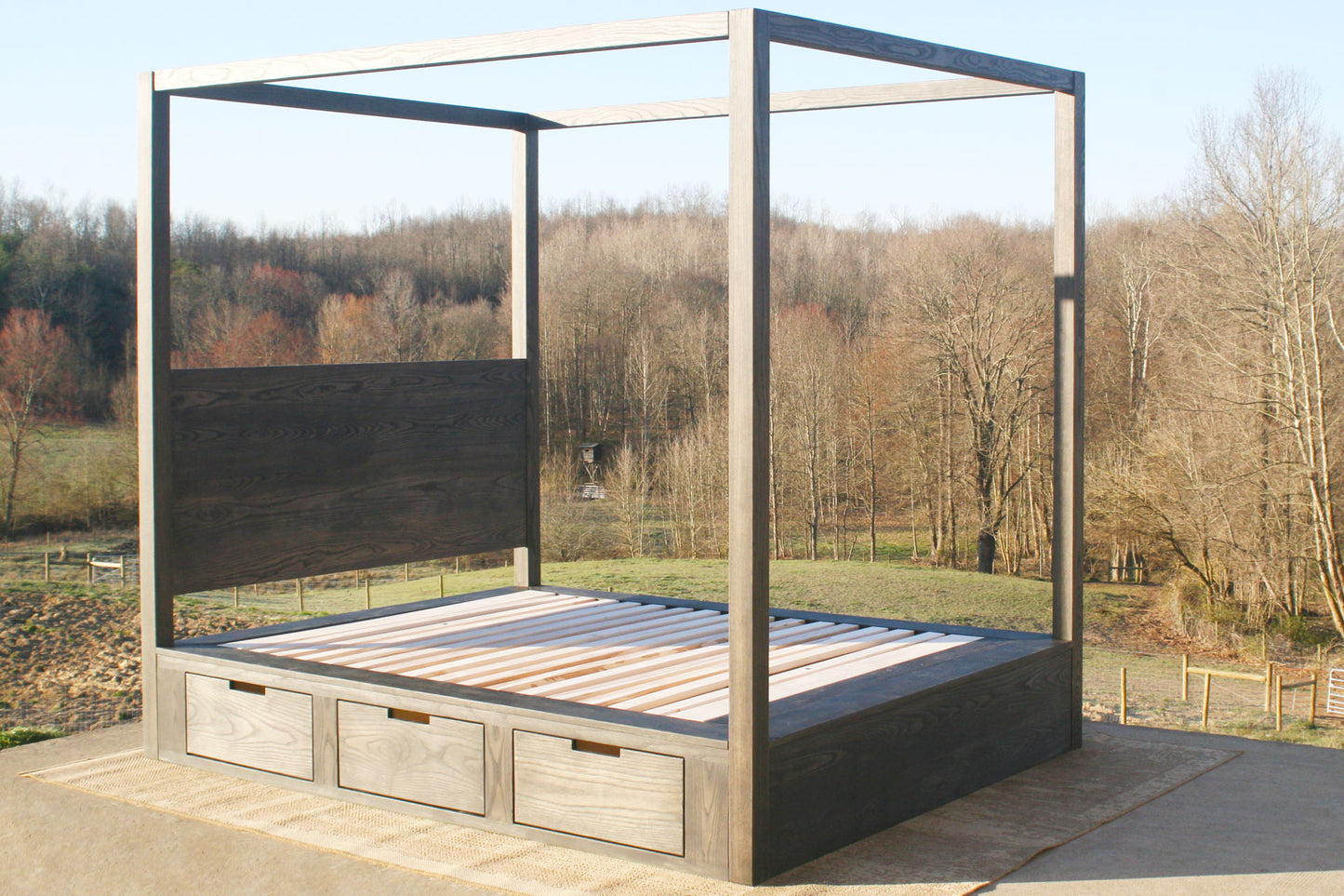 side view Storage canopy bed with headboard