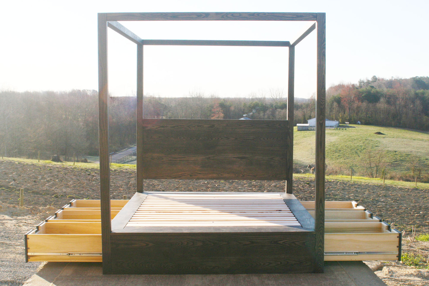 front view Storage canopy bed with headboard and drawers out