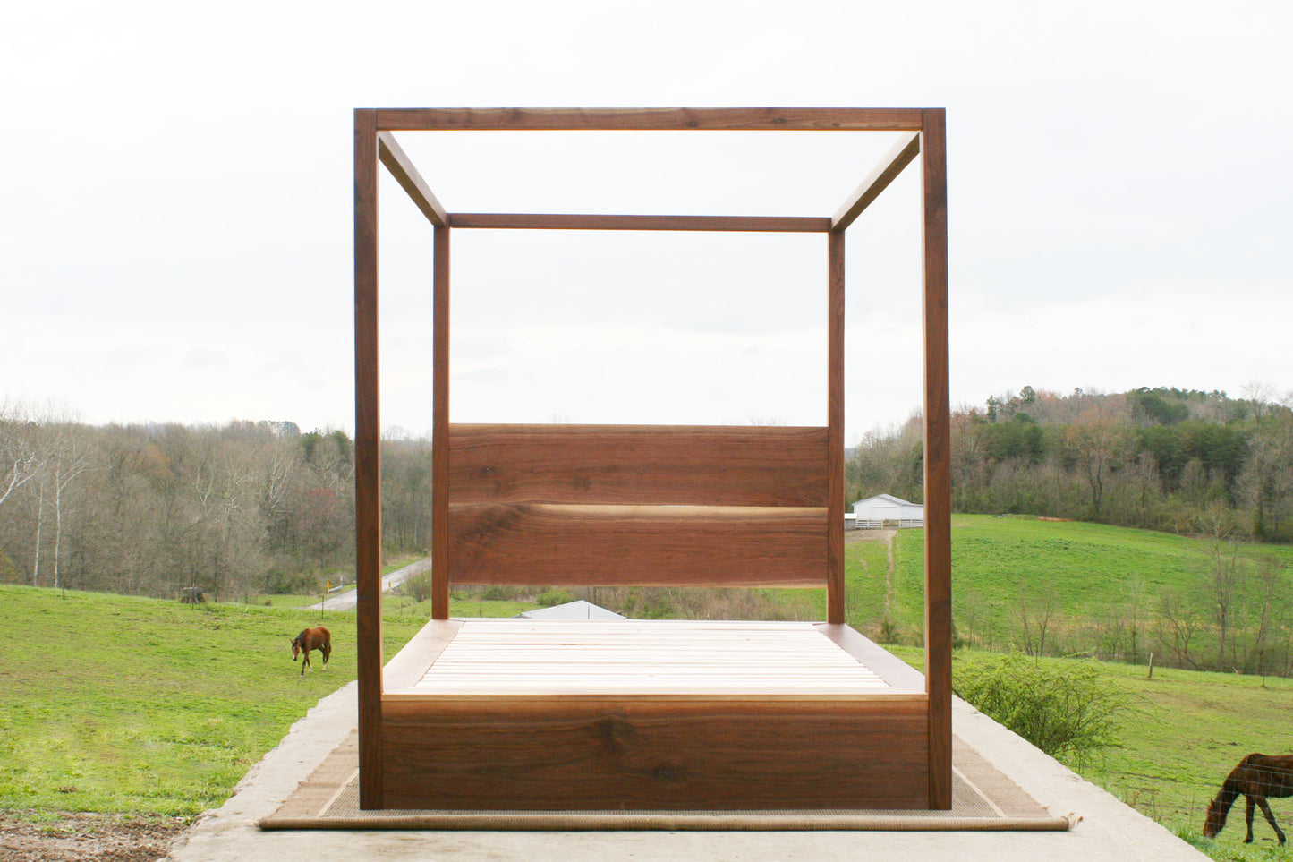 front view natural Storage canopy bed with headboard and drawers