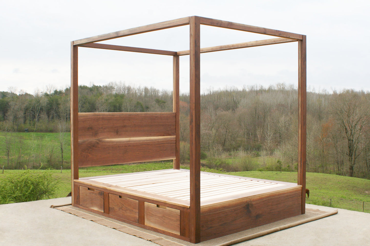 angled view natural Storage canopy bed with headboard and drawers