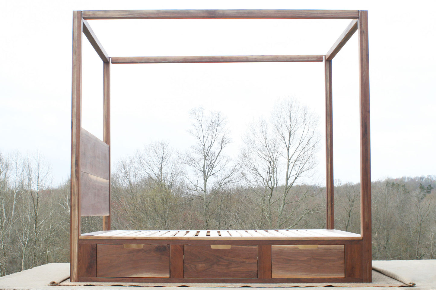 side view natural Storage canopy bed with headboard and drawers