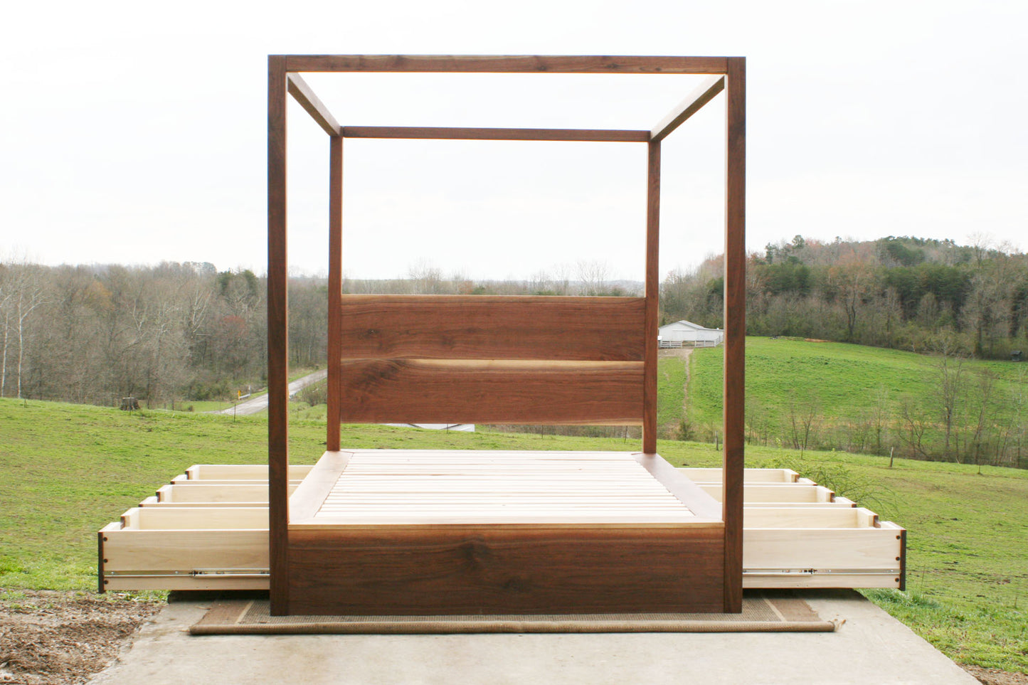 front view natural Storage canopy bed with headboard and drawers out