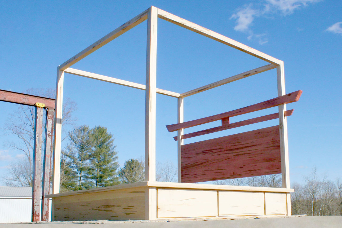low angled view Torii Gate bed with 6 drawers and square canopy