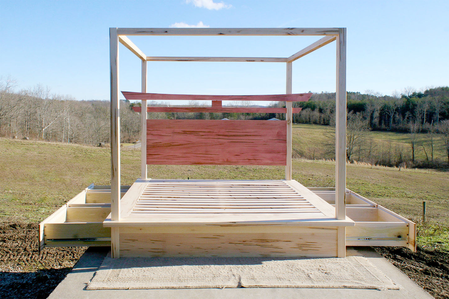 Torii Gate bed with 6 drawers out and square canopy