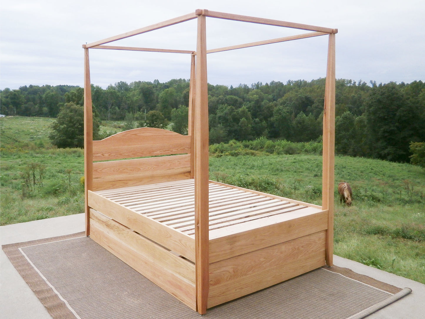 Canopy bed with trundle and arched headboard