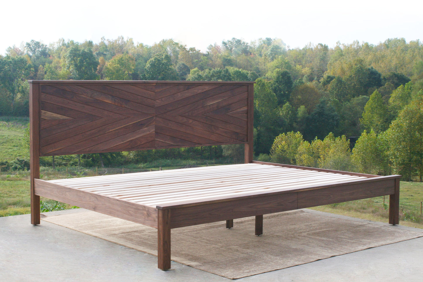 platform bed with headboard in herringbone style