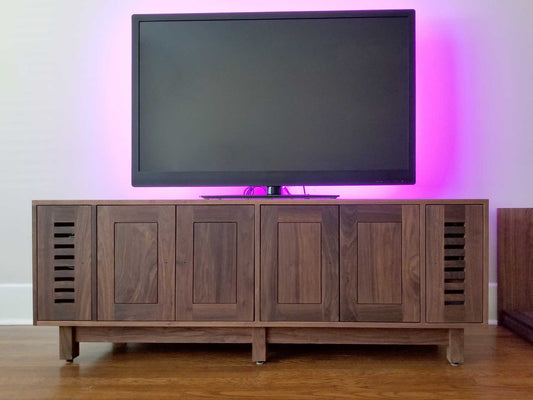 Entertainment Console with 6 front doors front and sliders in back front view