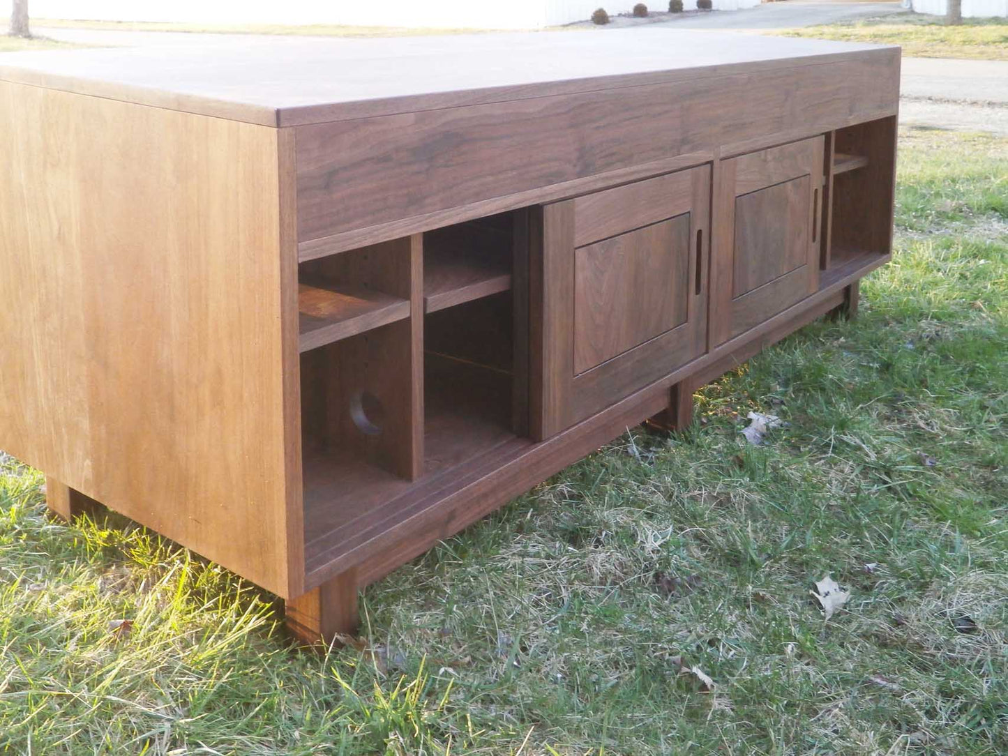 wood tv console table back slides open back view