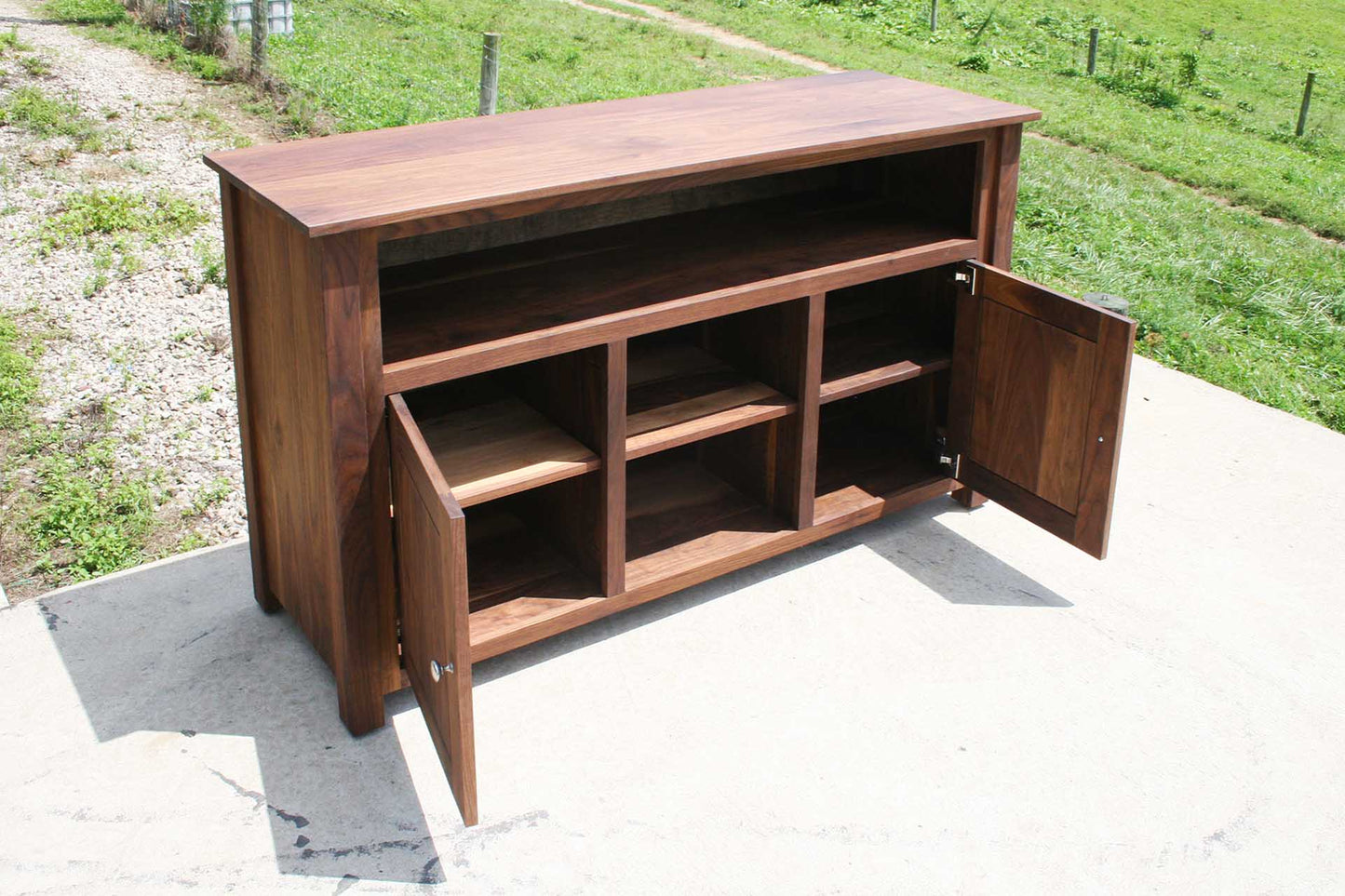 drawers open Walnut entertainment console