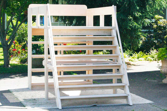 Loft bed with desk, stairs, and medium-depth shelves lbsnv01