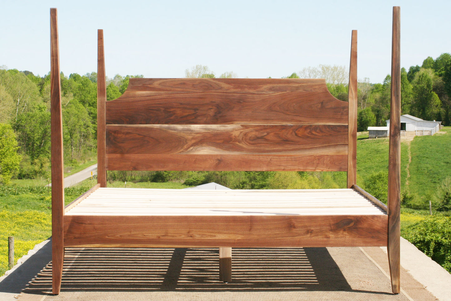 front view solid hardwood real wood Four poster bed with tapered posts