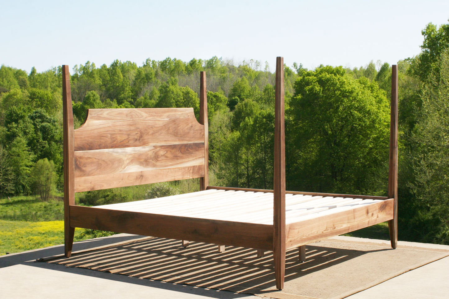 angled view solid hardwood real wood Four poster bed with tapered posts