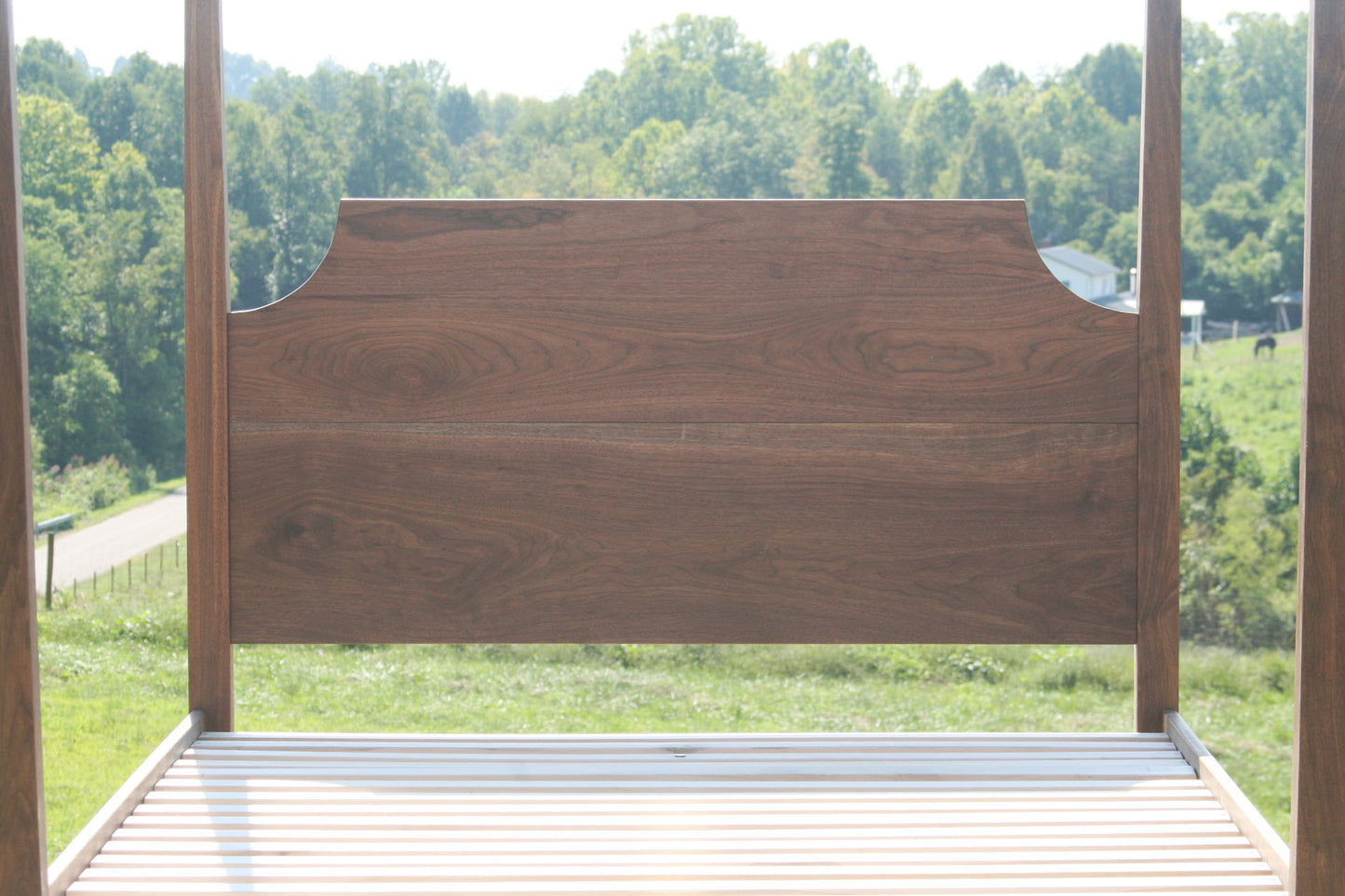 solid hardwood walnut headboard on bed