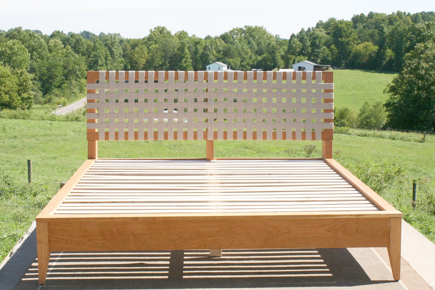 woven headboard of solid custom platform bed front view