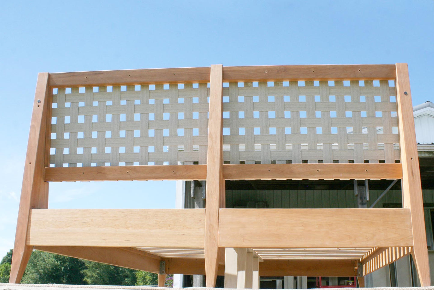 back view woven headboard of solid custom platform bed