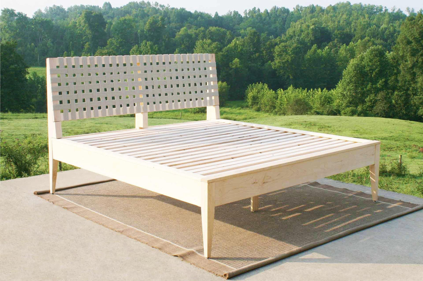 natural solid hardwood Platform bed with organic fabric headboard