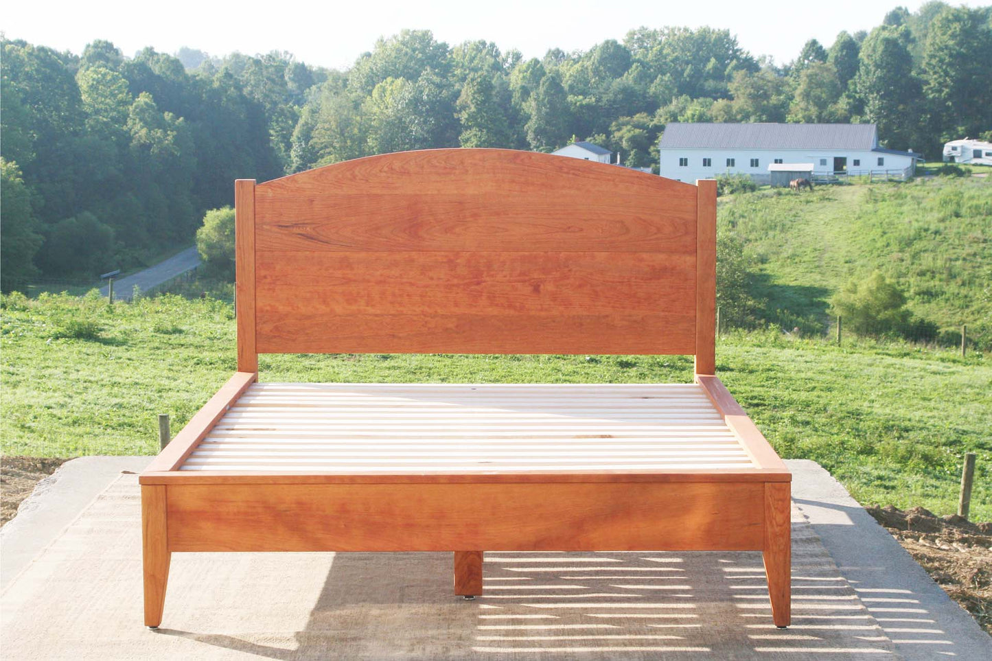 front view natural Platform storage bed with headboard with drawers