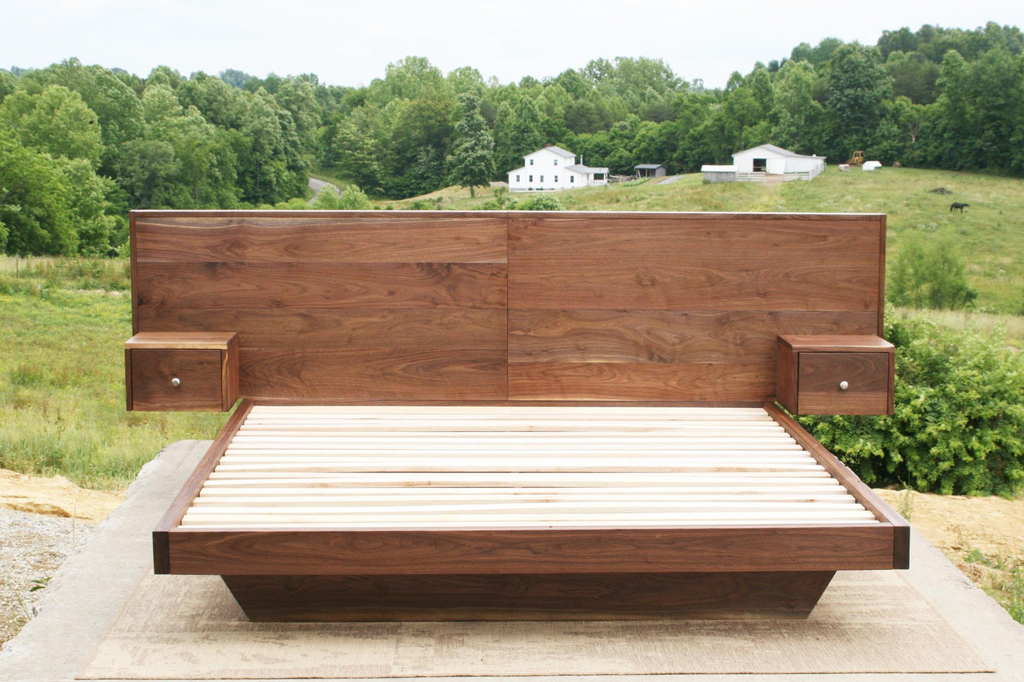 Walnut floating platform bed with headboard